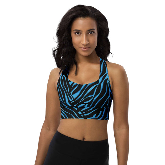 Electric Zebra/Cheetah Racerback Sports Bra  in neon blue, black and white with cheetah design on back