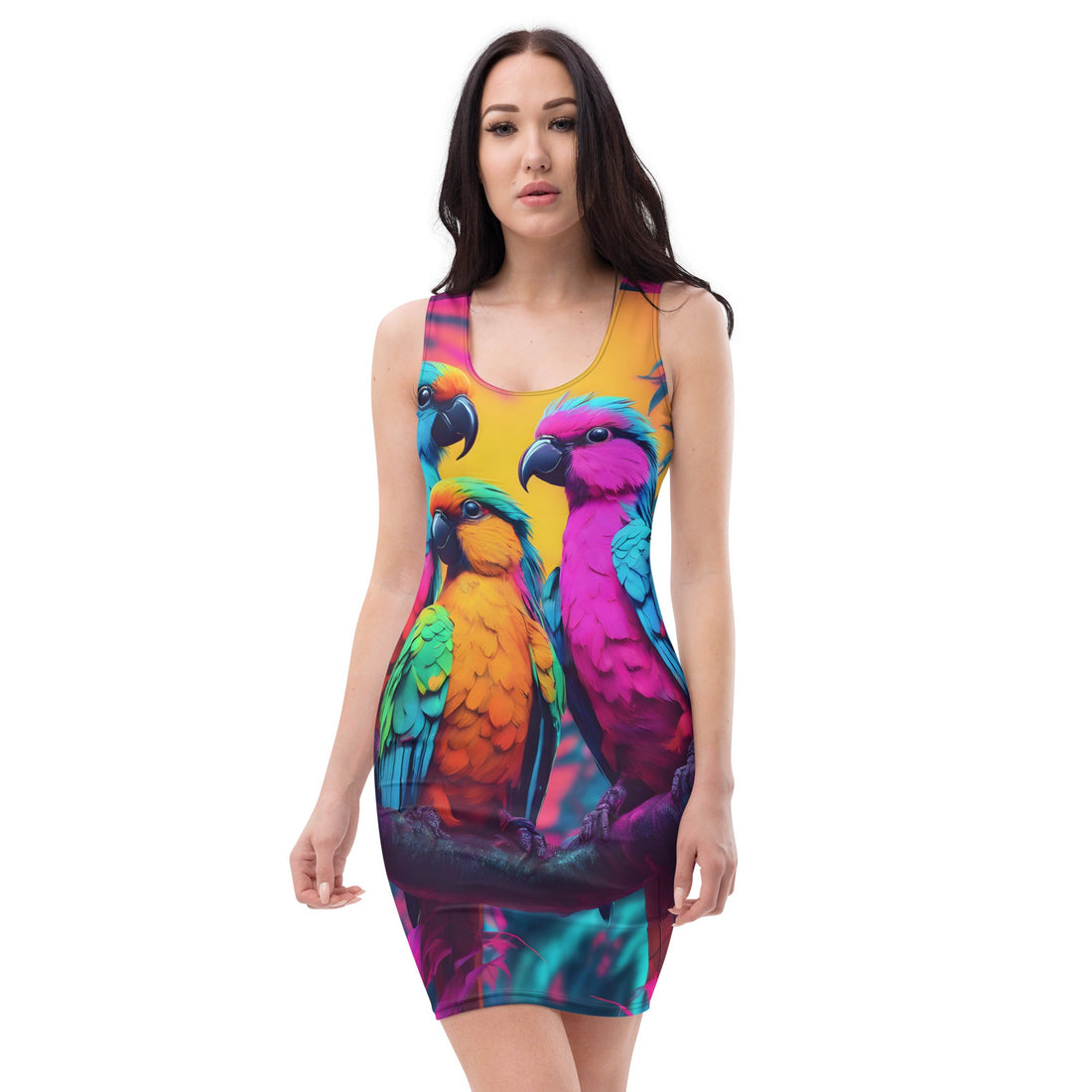  sleeveless tank dress with 3 parrots, vibrant colors