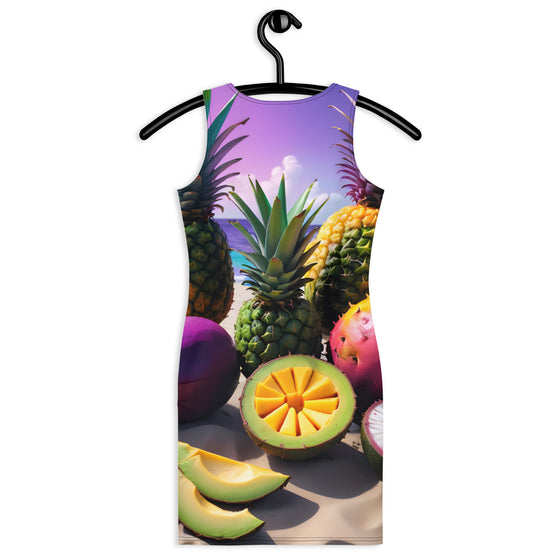 he lush, tropical fruits of Puerto Rico, this dress showcases the vivid colors of mango, coconut, soursop, pineapple, avocado, and starfruit, capturing the essence of a sunny beach day.