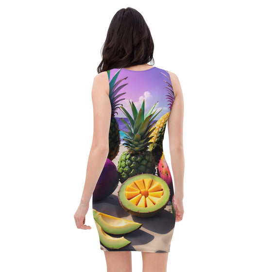 he lush, tropical fruits of Puerto Rico, this dress showcases the vivid colors of mango, coconut, soursop, pineapple, avocado, and starfruit, capturing the essence of a sunny beach day.