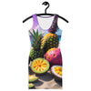 he lush, tropical fruits of Puerto Rico, this dress showcases the vivid colors of mango, coconut, soursop, pineapple, avocado, and starfruit, capturing the essence of a sunny beach day.