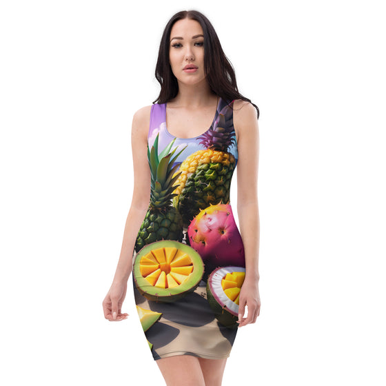 he lush, tropical fruits of Puerto Rico, this dress showcases the vivid colors of mango, coconut, soursop, pineapple, avocado, and starfruit, capturing the essence of a sunny beach day.