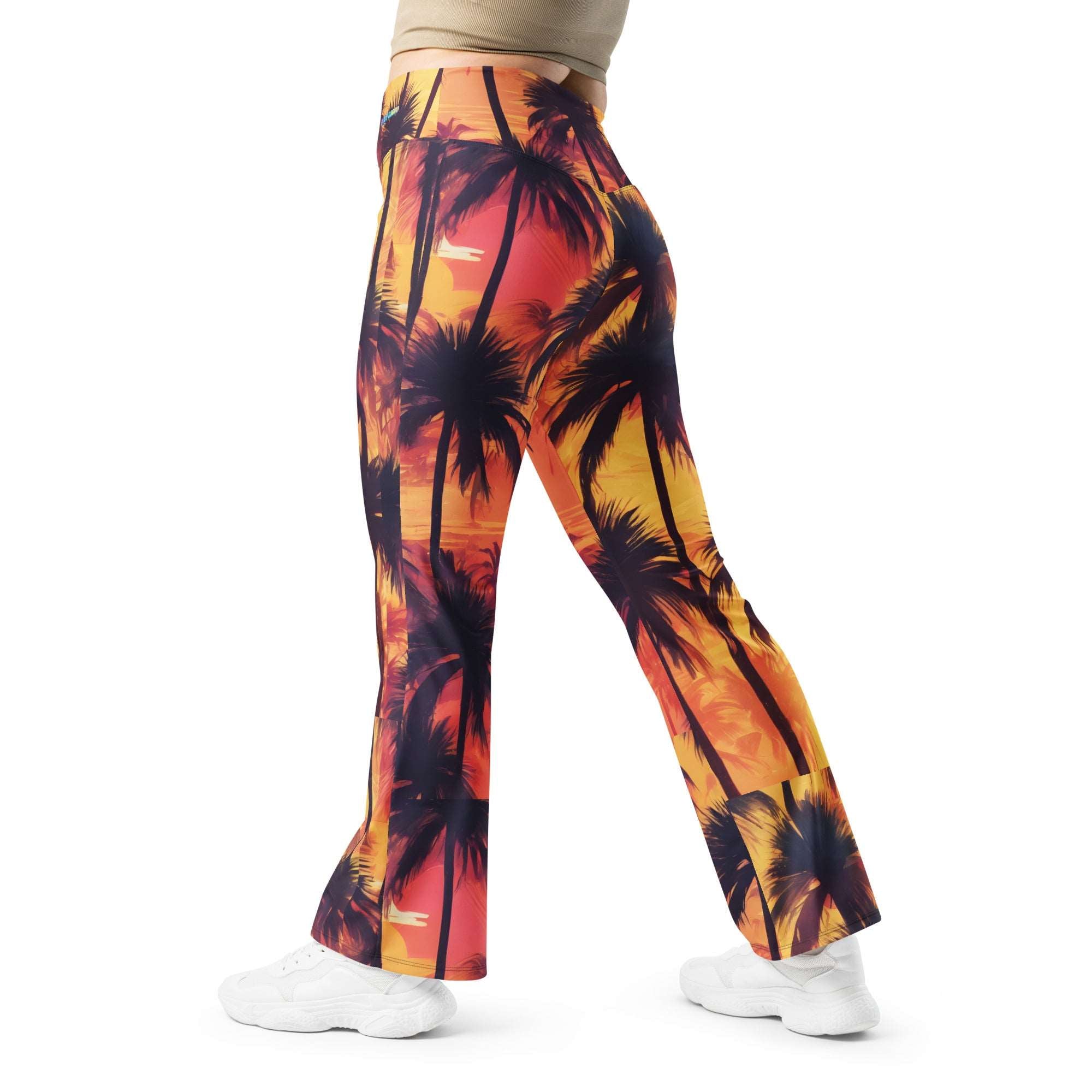 Sunset Palm Trees Flare leggings, inside pocket