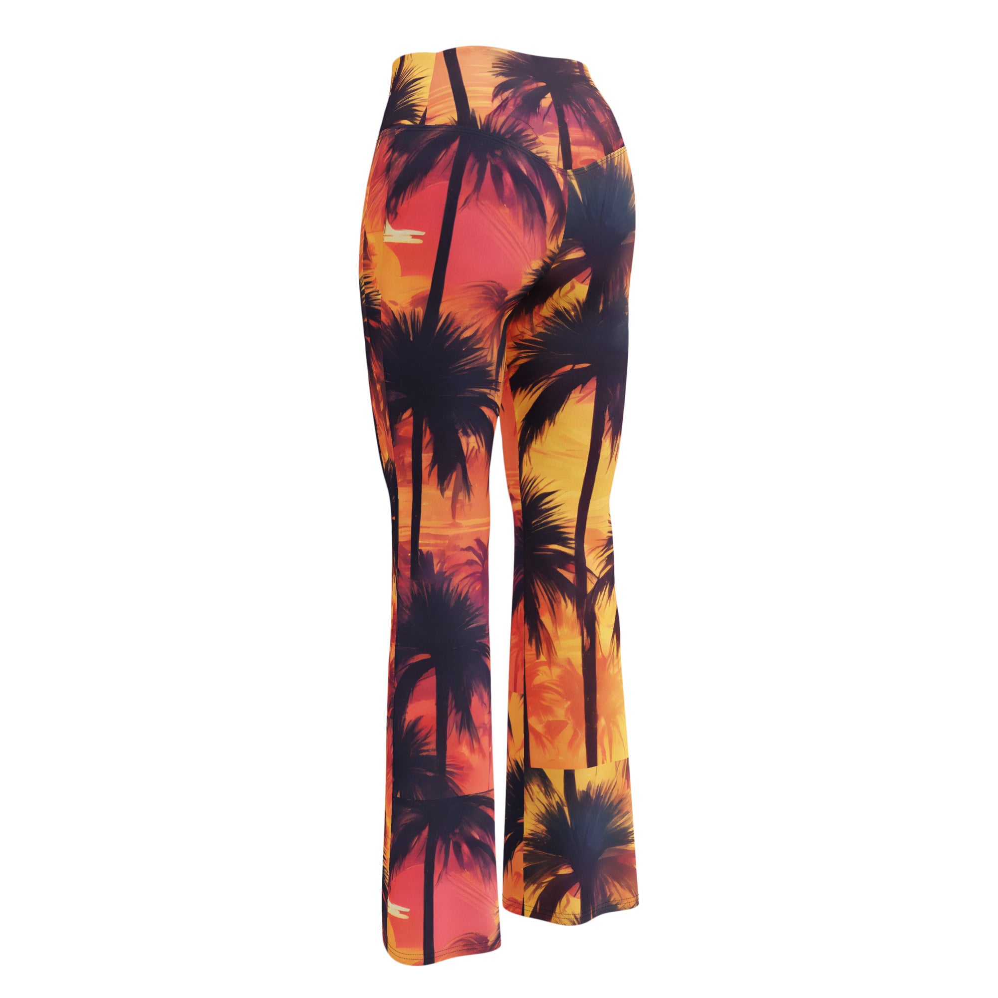 Sunset Palm Trees Flare leggings, inside pocket