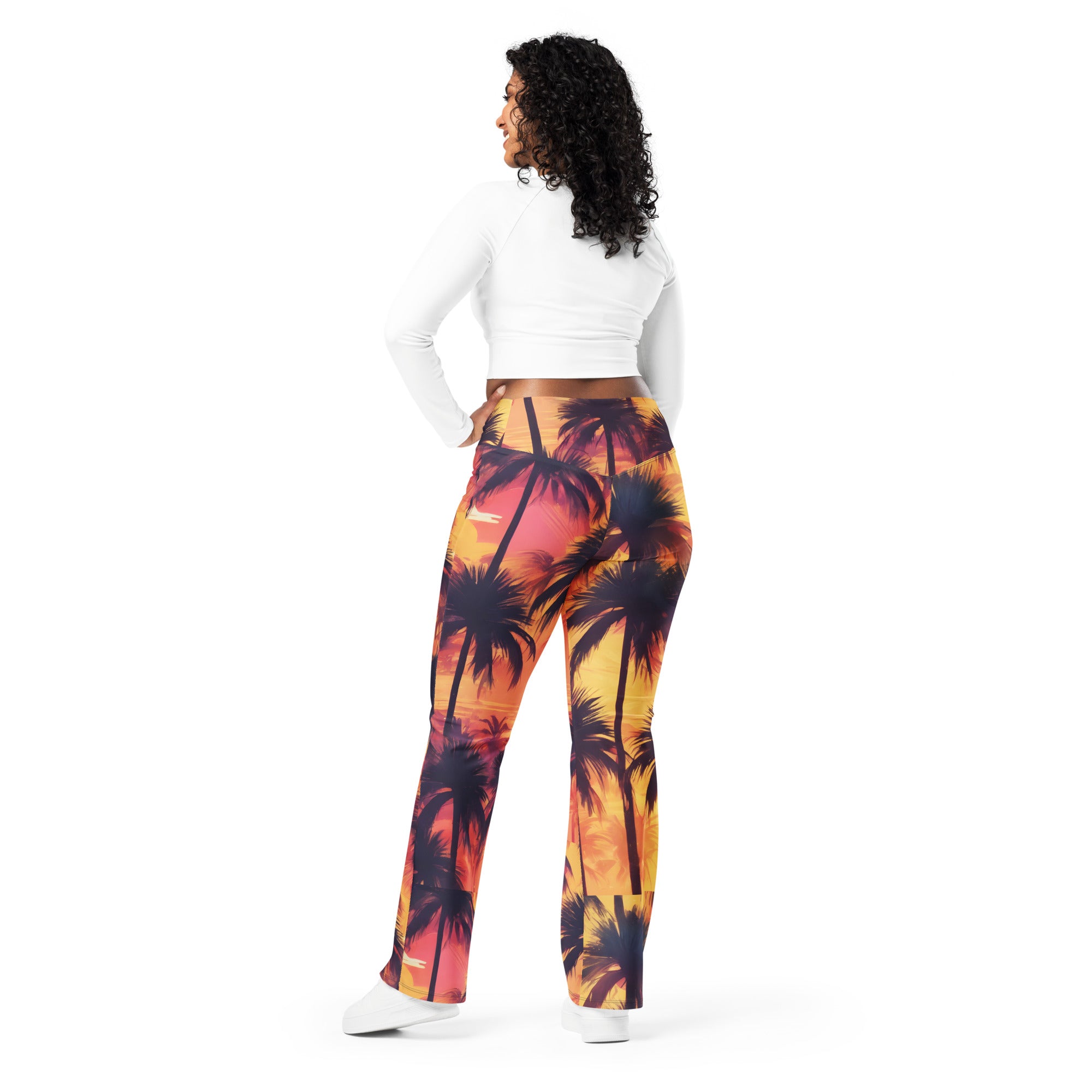Sunset Palm Trees Flare leggings, inside pocket
