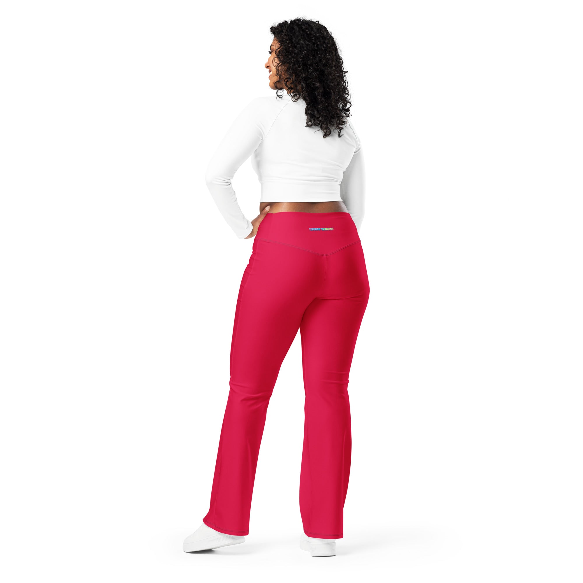 Red Flare leggings with high waist band, logo on back