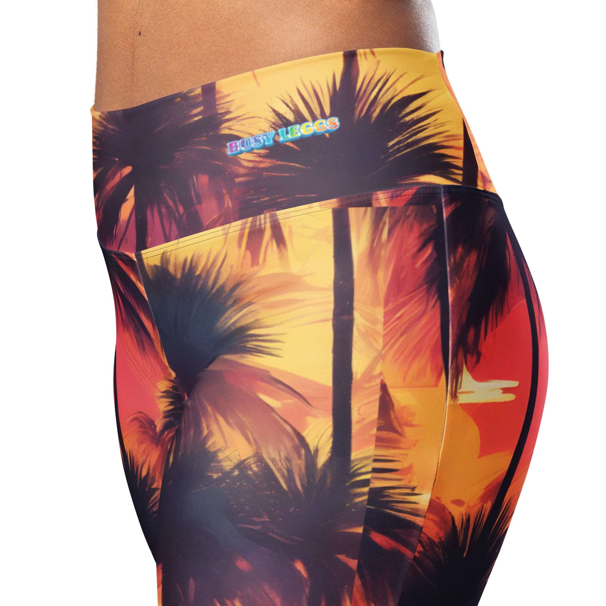 Sunset Palm Trees Flare leggings, inside pocket