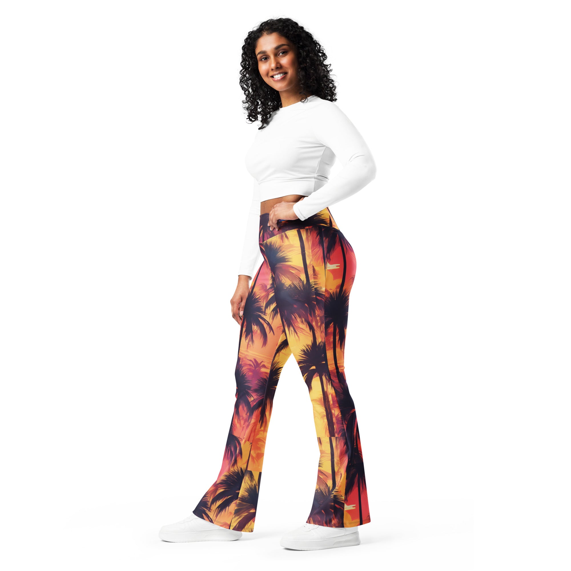 Sunset Palm Trees Flare leggings, inside pocket