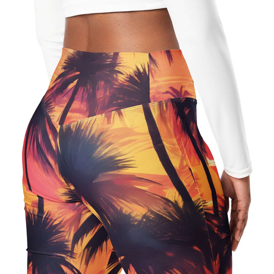 Sunset Palm Trees Flare leggings, inside pocket