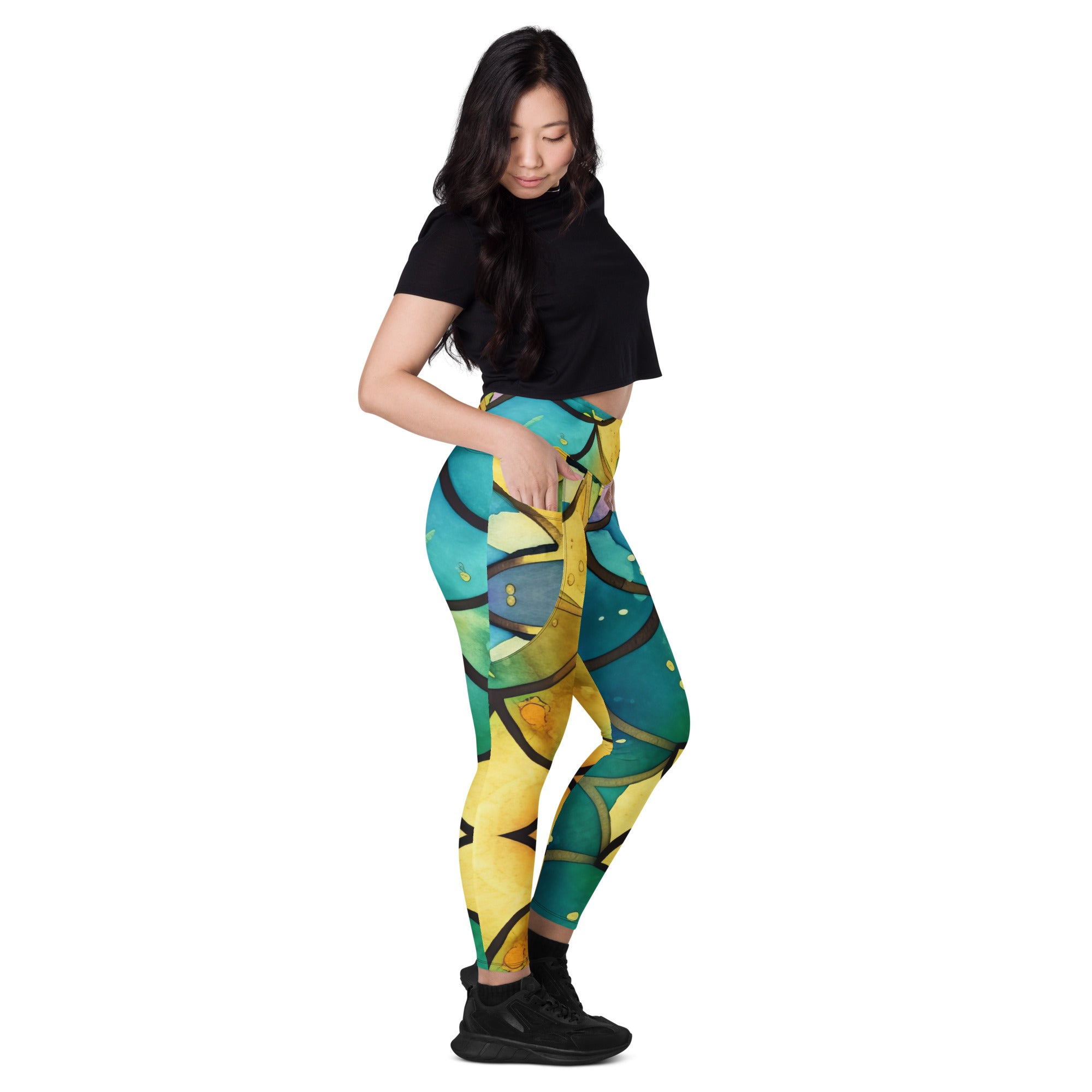 Mermaid Leggings green , yellow and bluewith pockets
