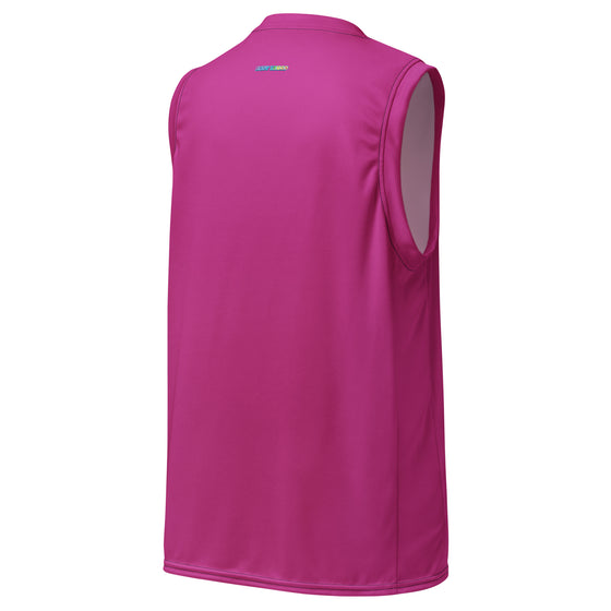 Hot pink jersey with the busy leg logo on the back