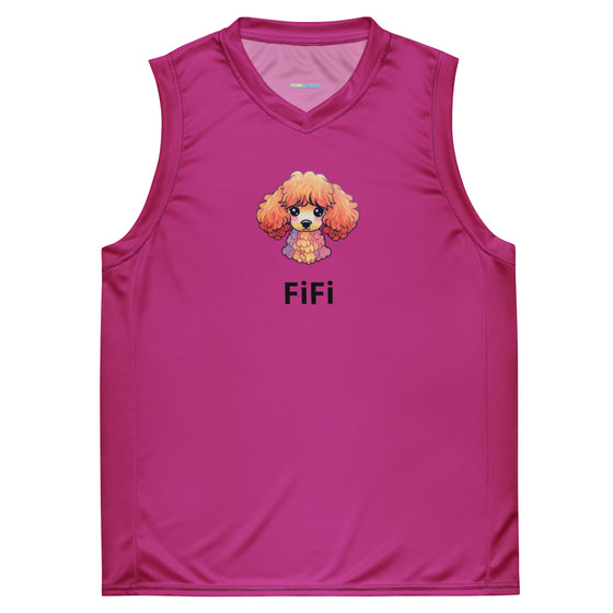 Hot pink basketball jersey with a cute image of a poodle FiFi