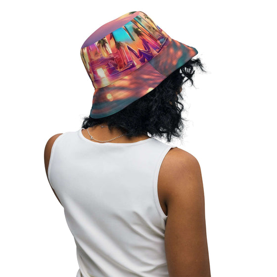 Miami sunset with palm trees Reversible bucket hat orange and yellow