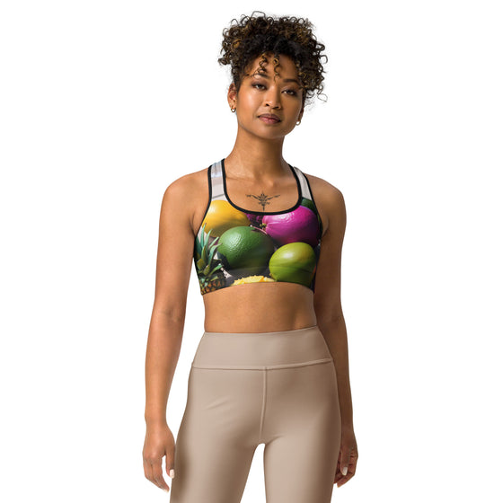 his sports bra brings the vivid colors of mango, coconut, soursop, pineapple, avocado, and starfruit to life, capturing the essence of a sunny beach day.