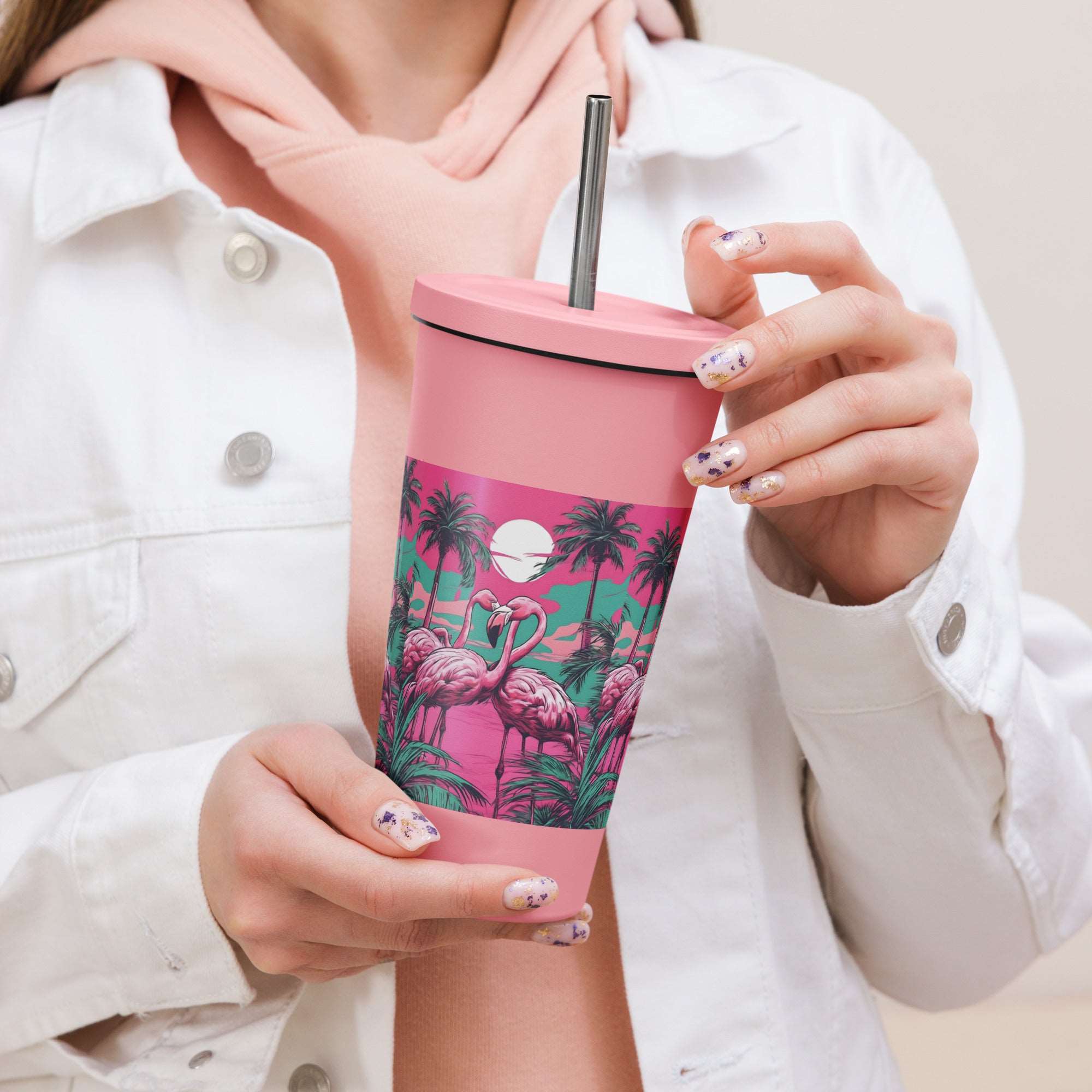 Pink Flamingo Tumbler w/straw 20 oz